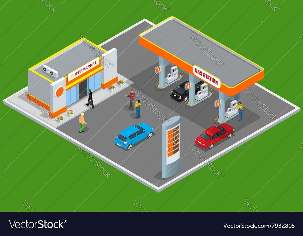 Gas Station 3d Isometric Station Concept Vector Image