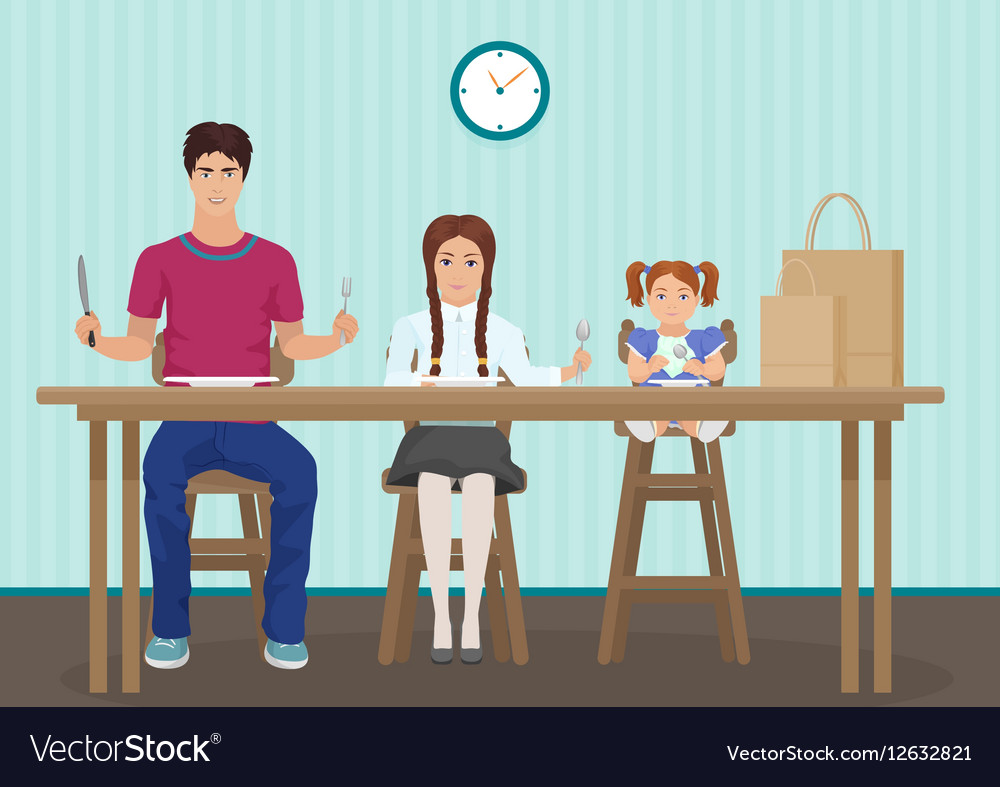 Kids Waiting For Dinner In The Kitchen Holding A Vector Image