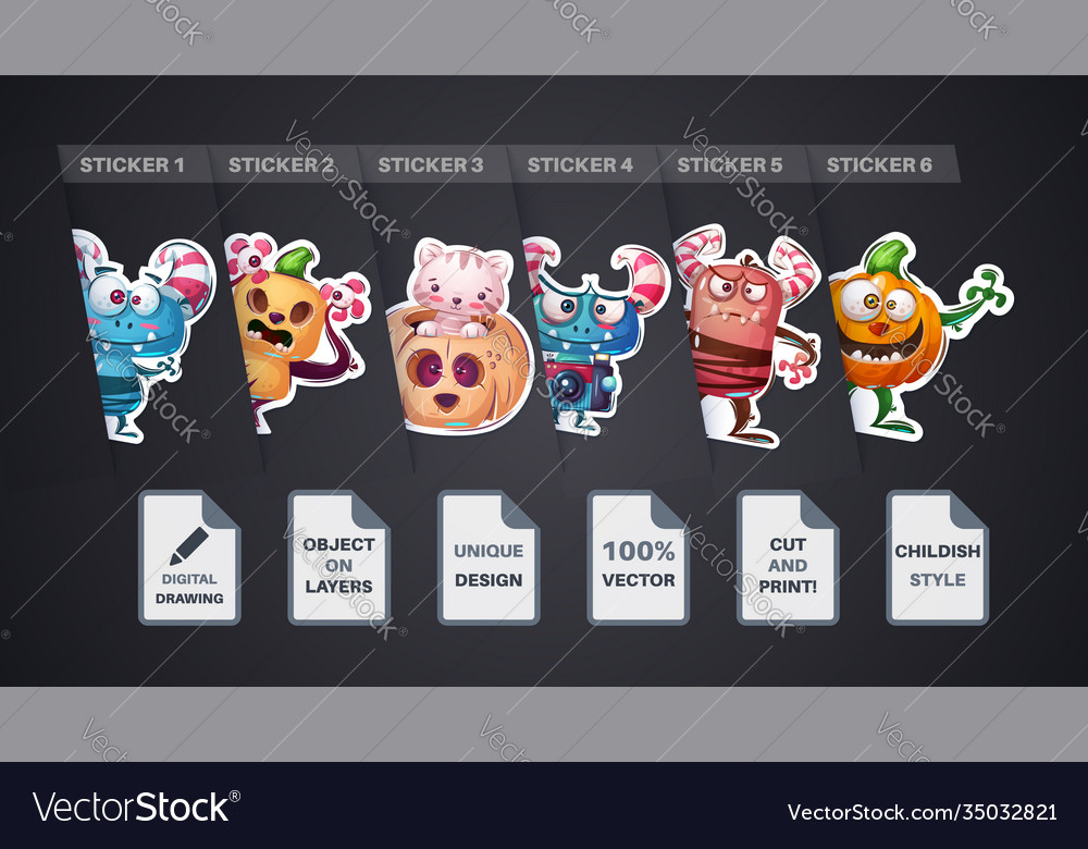 Set halloween sticker cartoon character vector image Set halloween sticker cartoon character