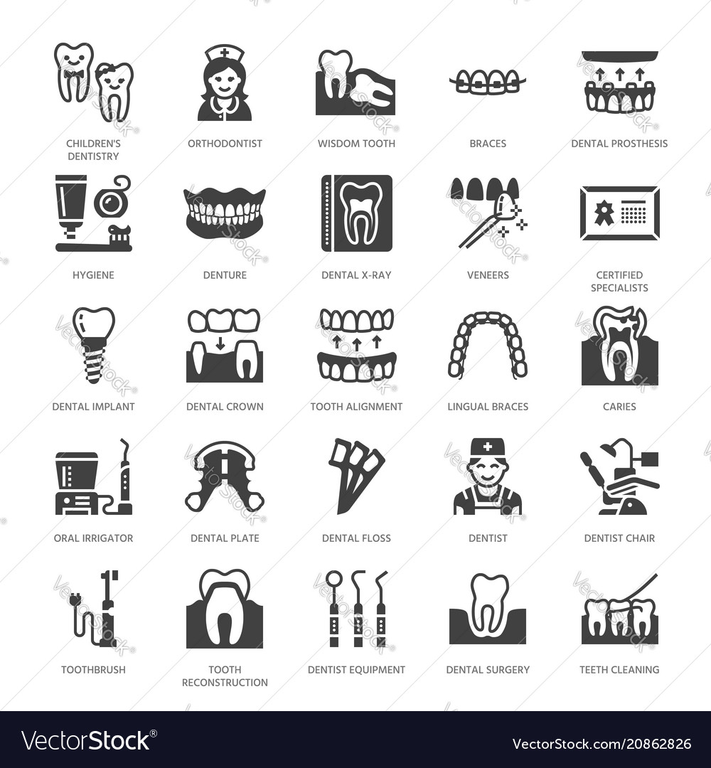 Dentist orthodontics flat glyph icons dental