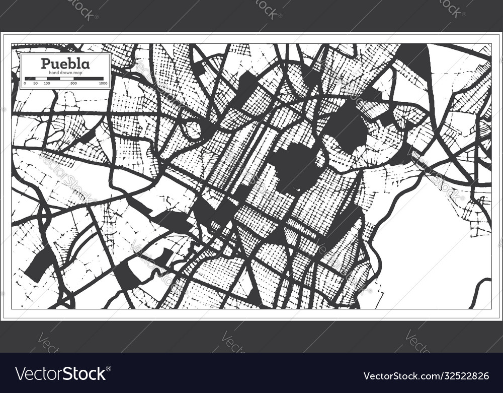 Puebla mexico city map in black and white color