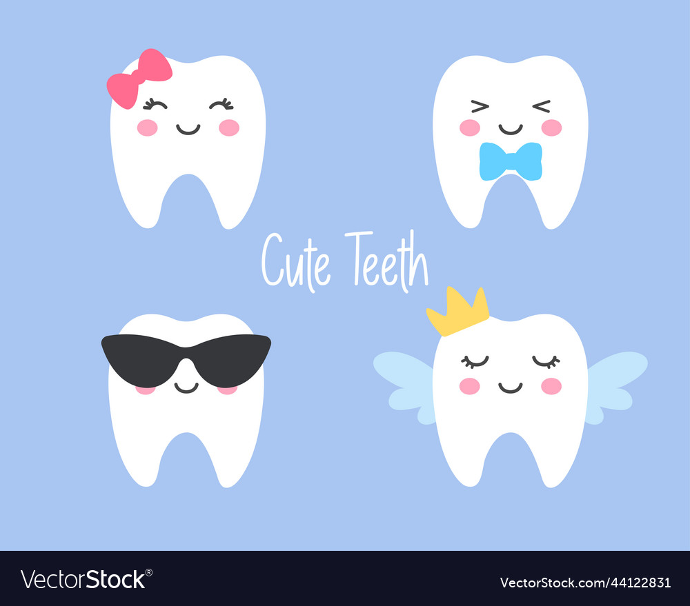 Cute cartoon milk teeth adorned with a bow Vector Image