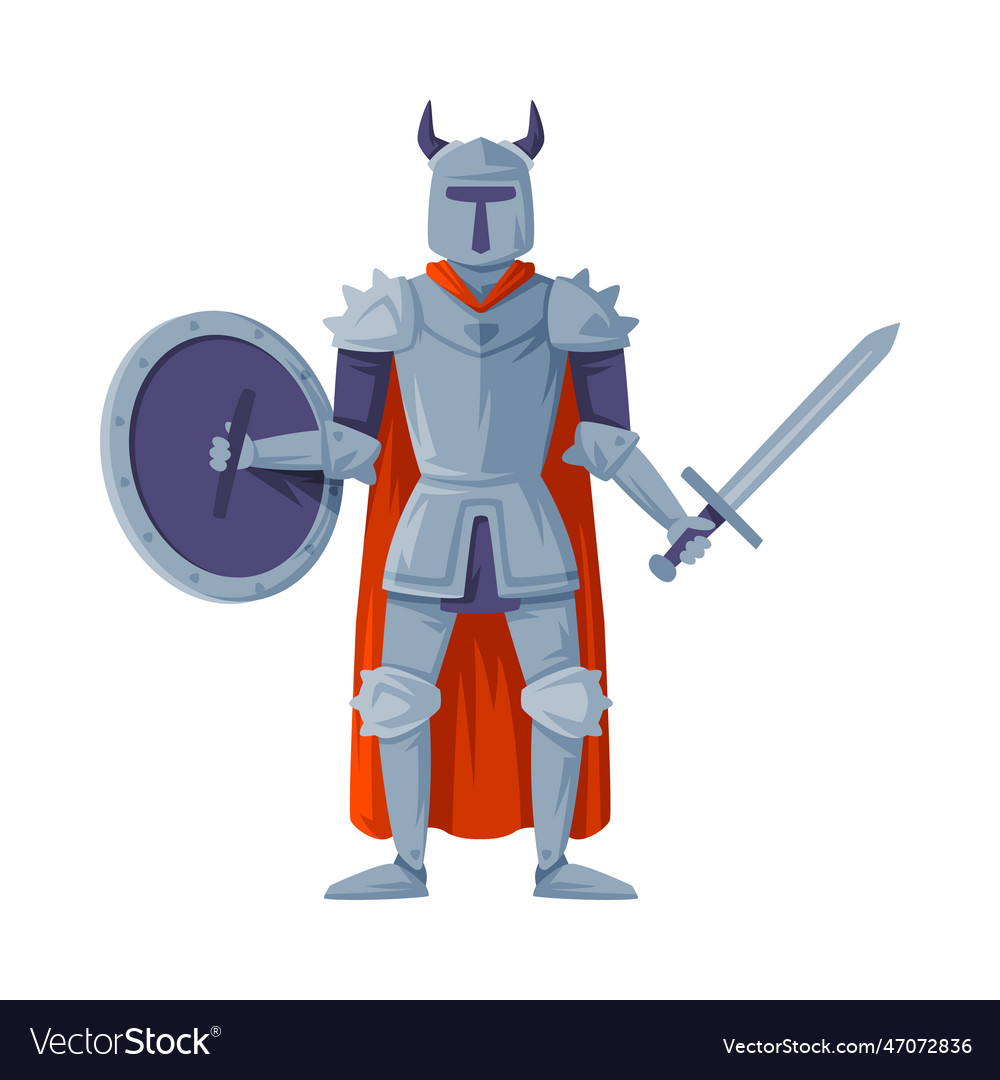 Medieval armored knight in horned helmet standing Vector Image