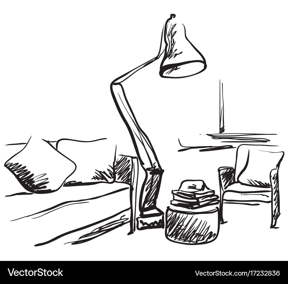 Modern interior sketch hand drawing sofa and lamp Vector Image