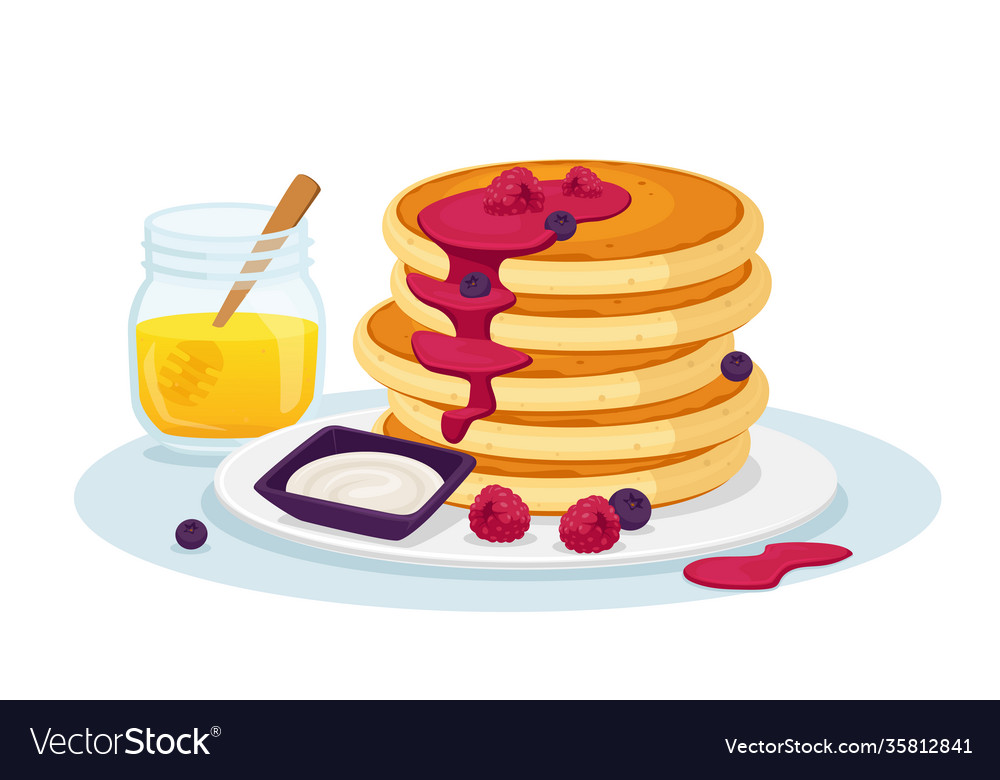 Stack fresh hot pancakes with honey and sweet