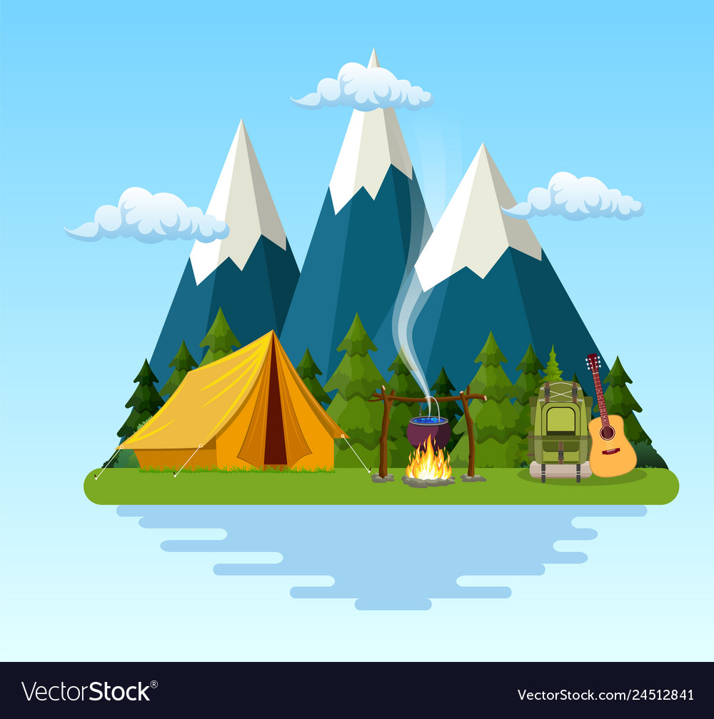 Tent campfire mountains forest and water Vector Image