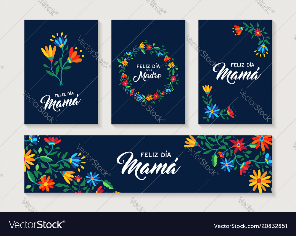 Happy mother day spanish flower greeting card set vector image Happy mother day spanish flower greeting card set