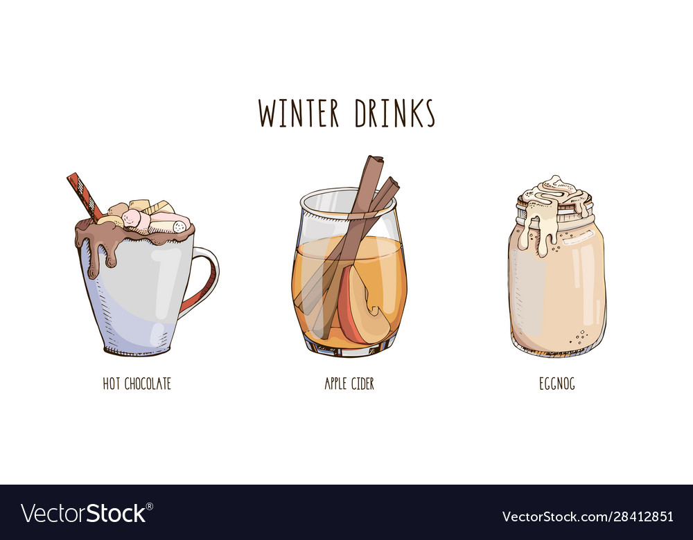 Set popular hot winter drinks isolated on white