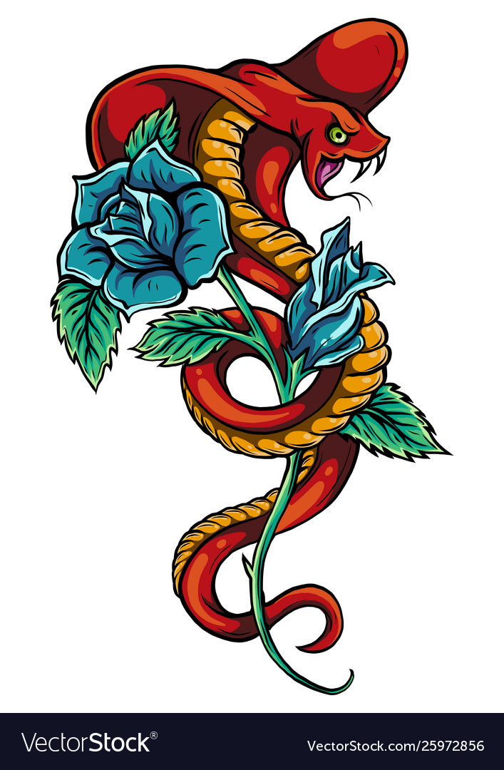 Tattoo with rose and snake traditional black dot Vector Image