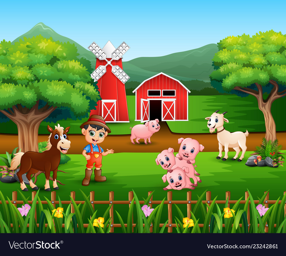 Farm scenes with many animals and farmers Vector Image