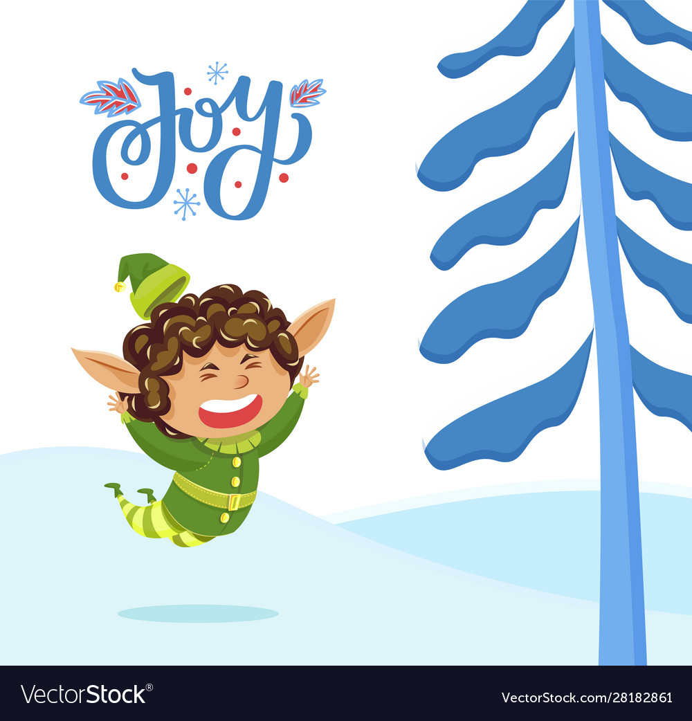 Holiday joy caption elf playing outdoor in forest Vector Image