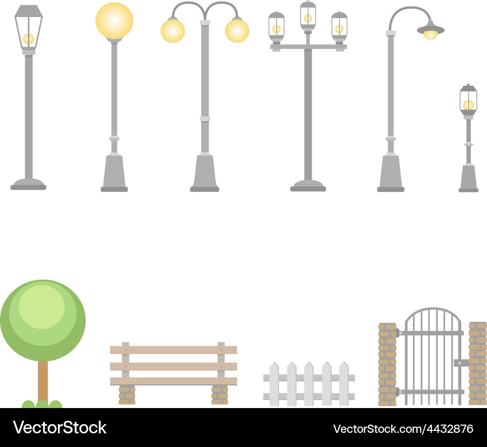 Street lights and lamps set Outdoor elements Vector Image