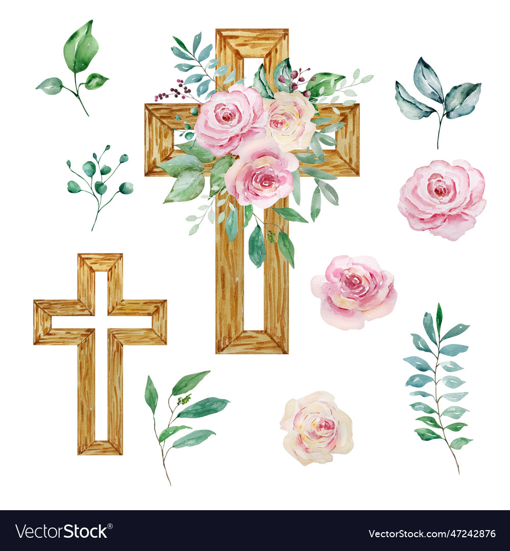 Watercolor crosses decorated with roses easter Vector Image