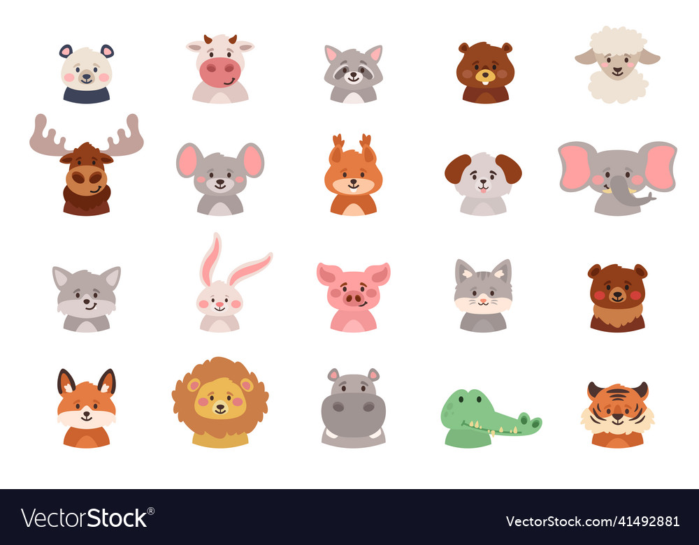 Cartoon Style Big Set Of Animals Avatars Vector Image