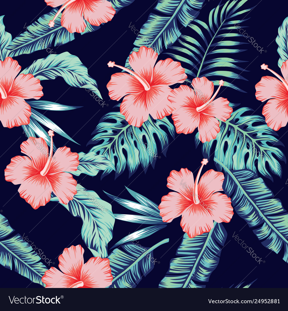 Flowers hibiscus pink monstera palm leaves vector image Flowers hibiscus pink monstera palm leaves