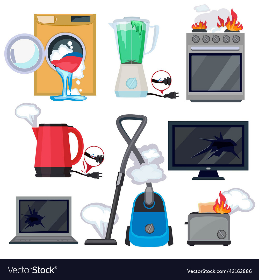 Broken appliance damage kitchen home items tv Vector Image