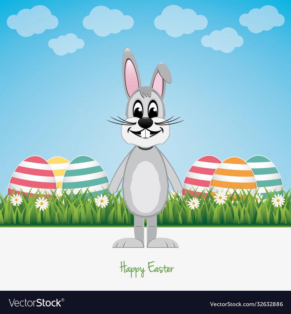 Happy Gray Bunny Green Field Colorful Eggs Vector Image