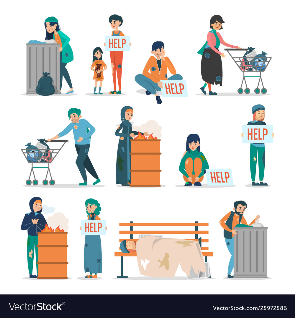 Homeless people set collection adult Royalty Free Vector