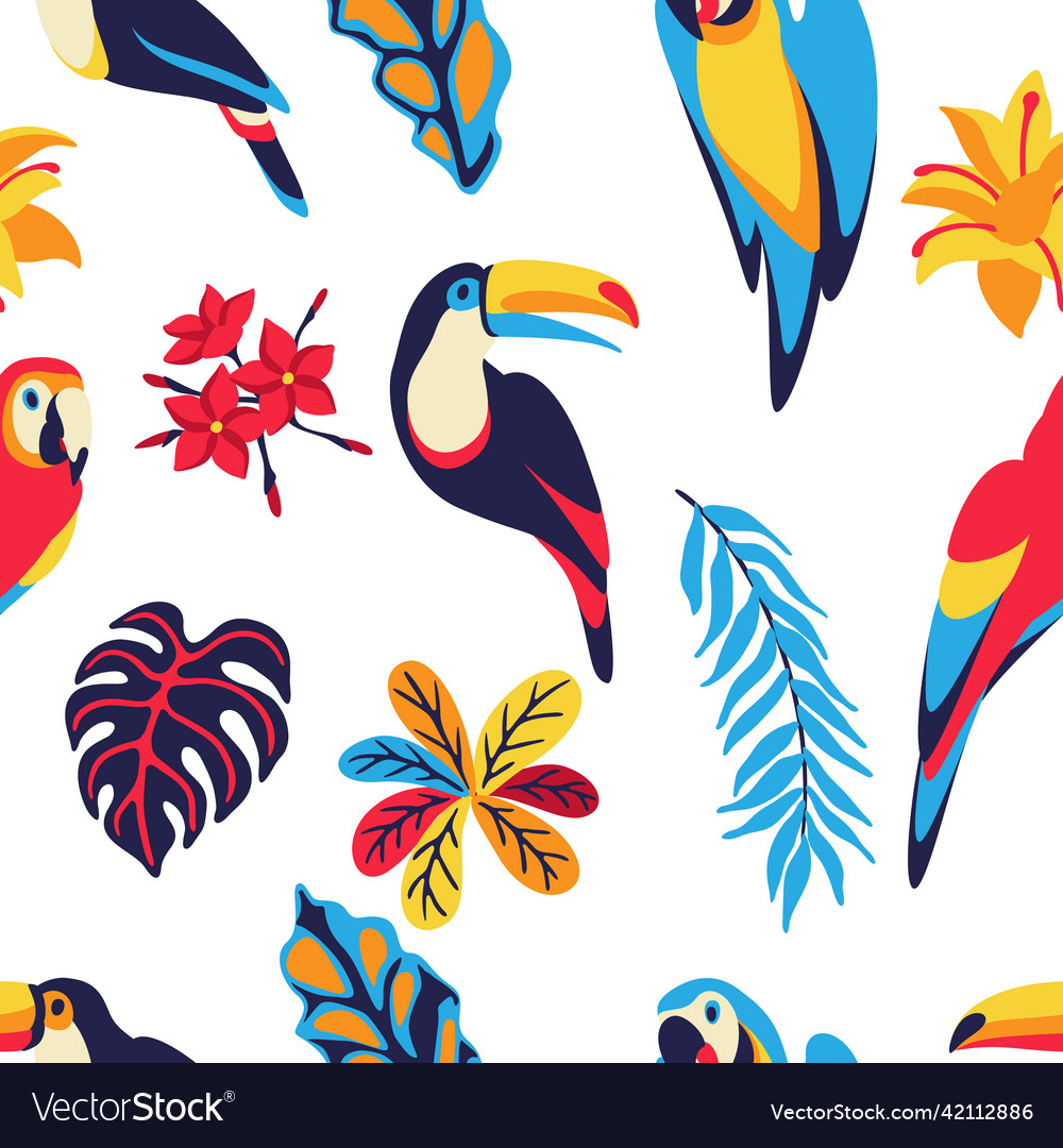 Seamless pattern with macaw parrot toucan