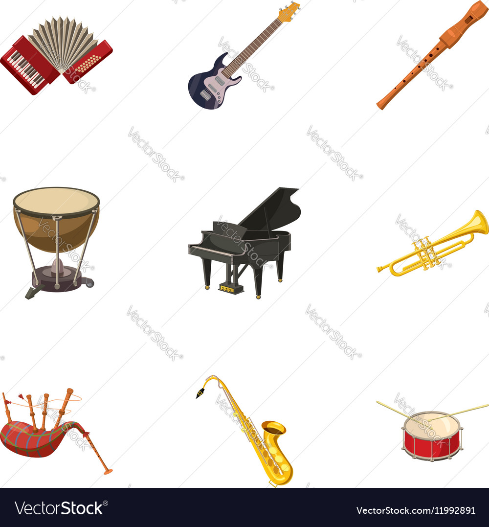 Musical device icons set cartoon style Royalty Free Vector