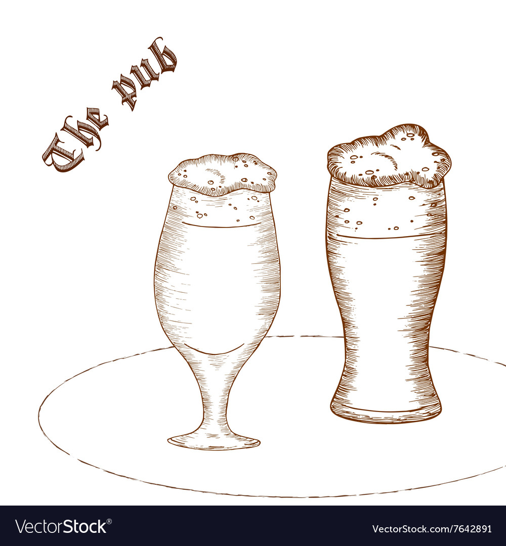 Pencil hand drawn of pair beer glass with label