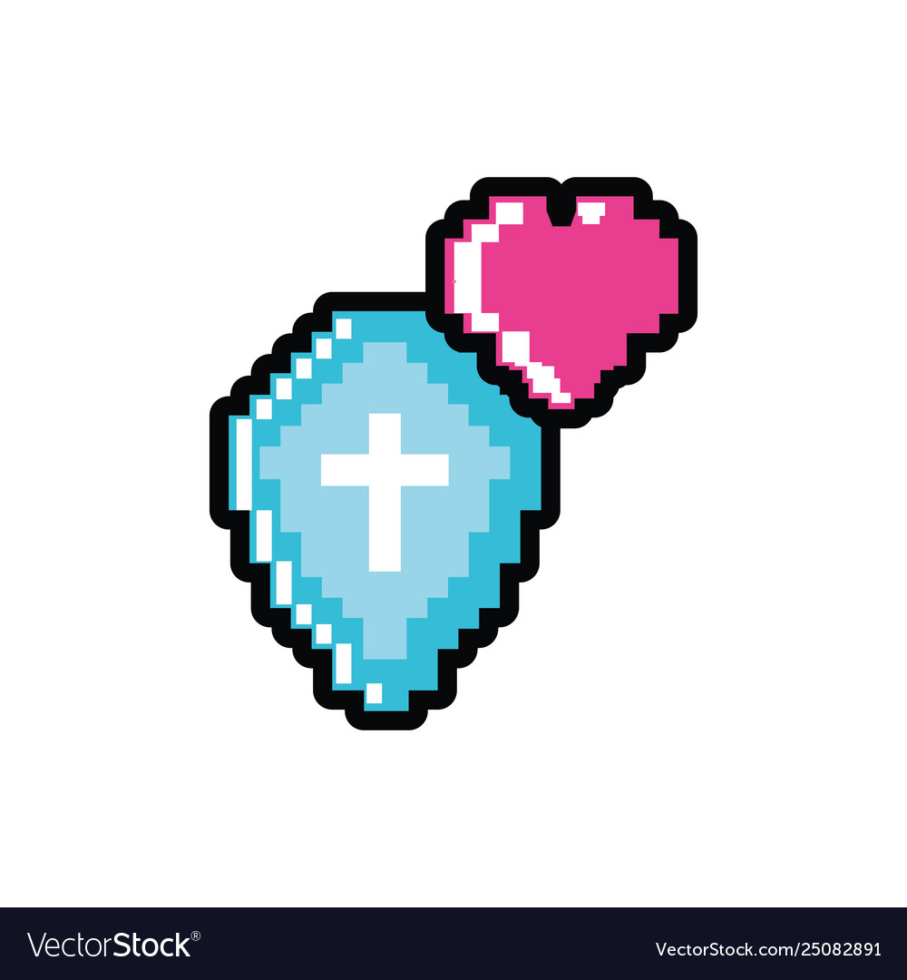 Video game pixelated heart with shield