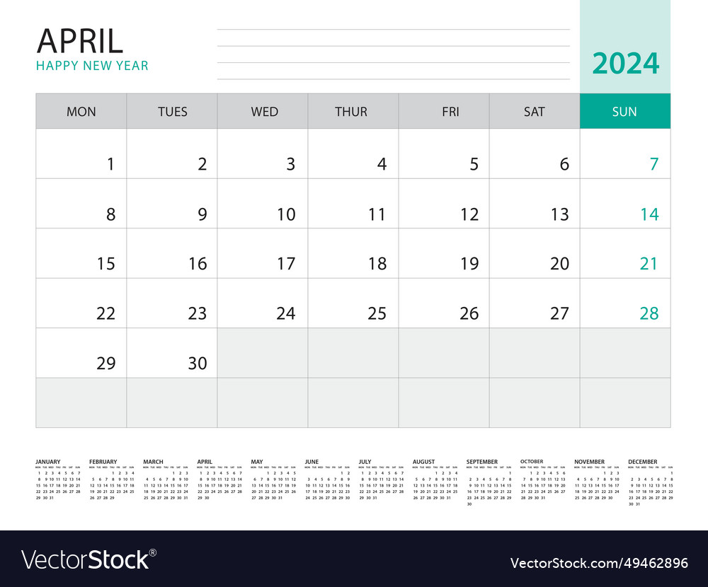 April 2024-calendar 2024 template on green Vector Image