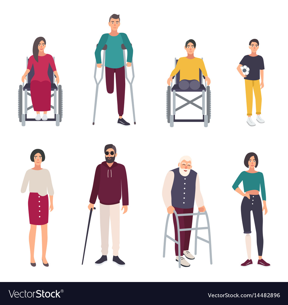 Different disabled people cartoon flat Royalty Free Vector