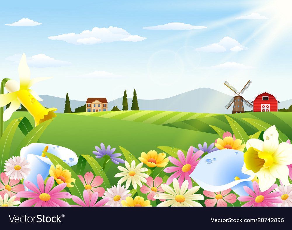 Rural landscape with blooming flowers