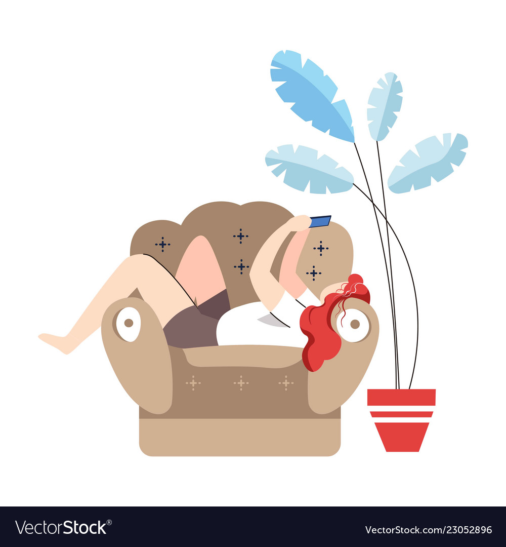 Young Woman Sitting On Armchair Looking At Mobile Vector Image