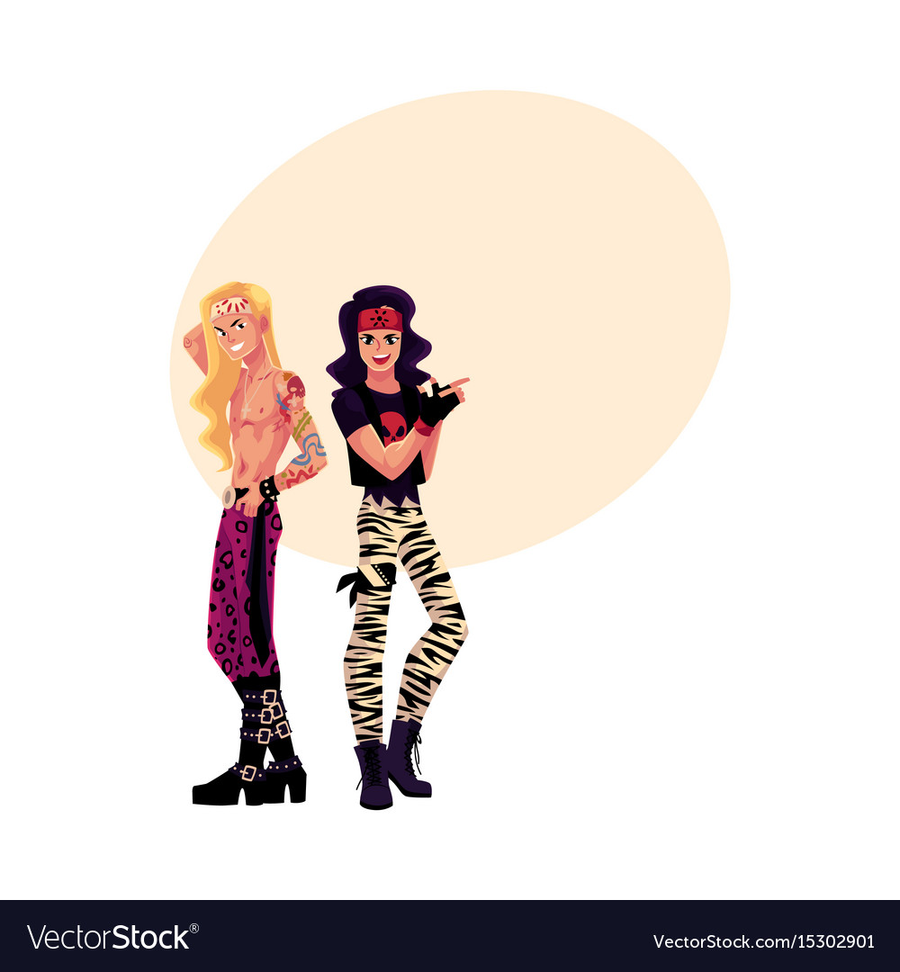 Two Men Dressed As Glam Rock Stars Long Hair Vector Image