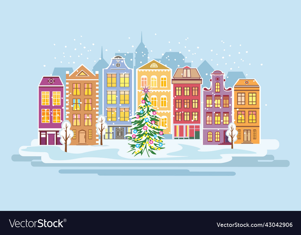 Christmas city winter street with tree Royalty Free Vector