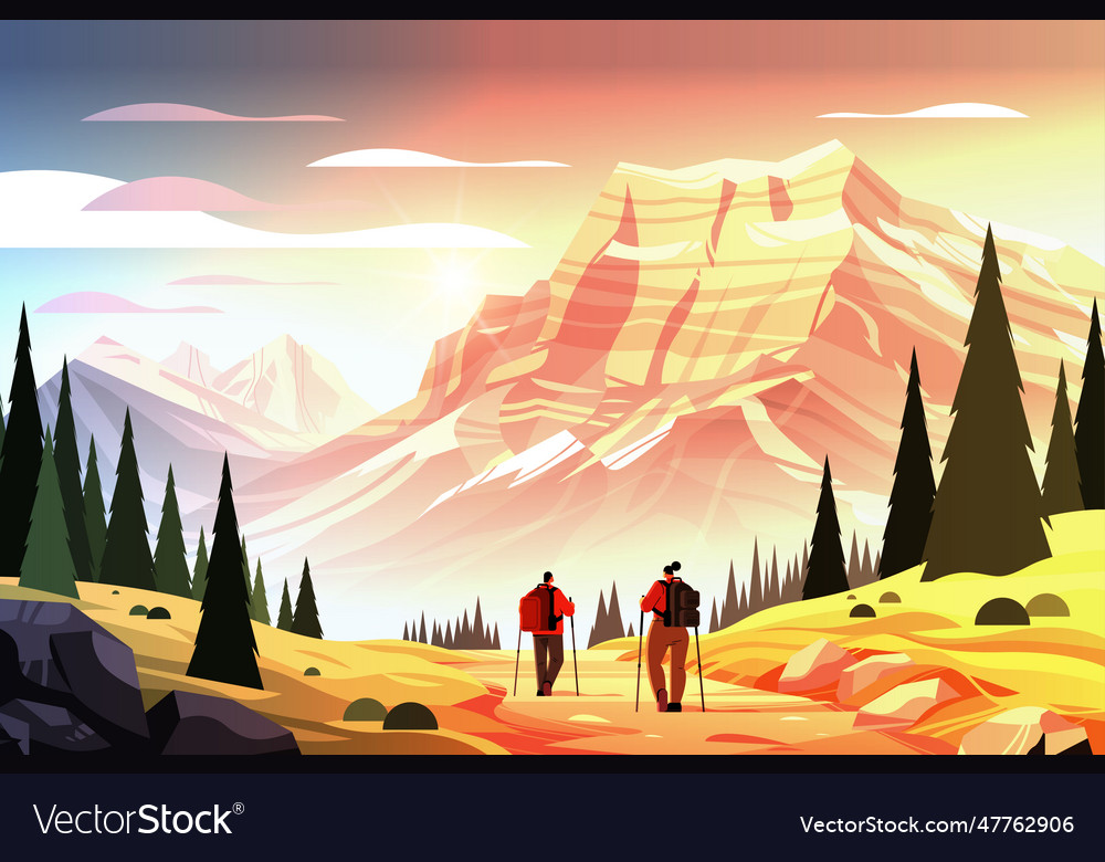 Rear view of tourists hikers with backpacks Vector Image