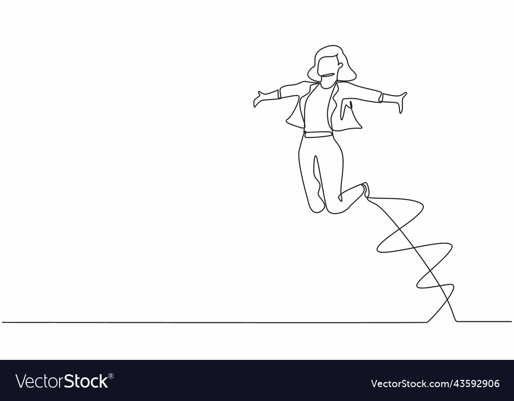 Single one line drawing happy businesswoman jump