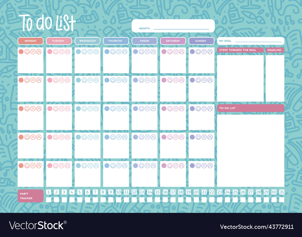 Monthly planner on doodle blue background