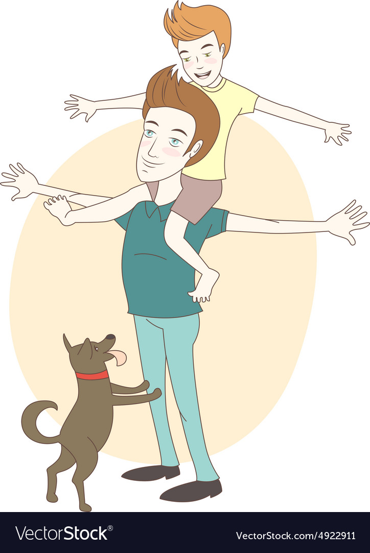 Son on his fathers shoulders with their dog hand Vector Image