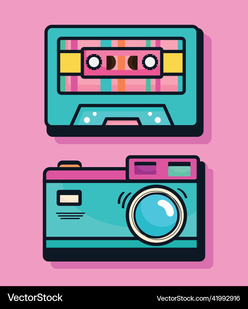 Nineties camera and cassette Royalty Free Vector Image