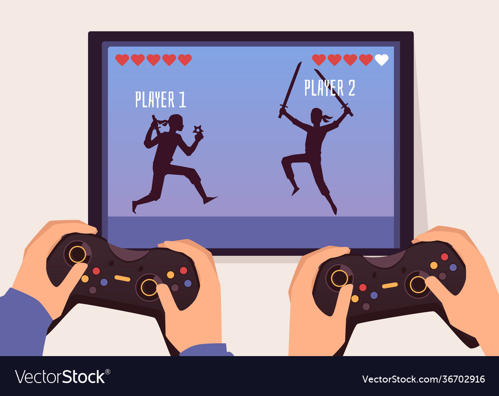 Two player fight game screen and hands holding Vector Image