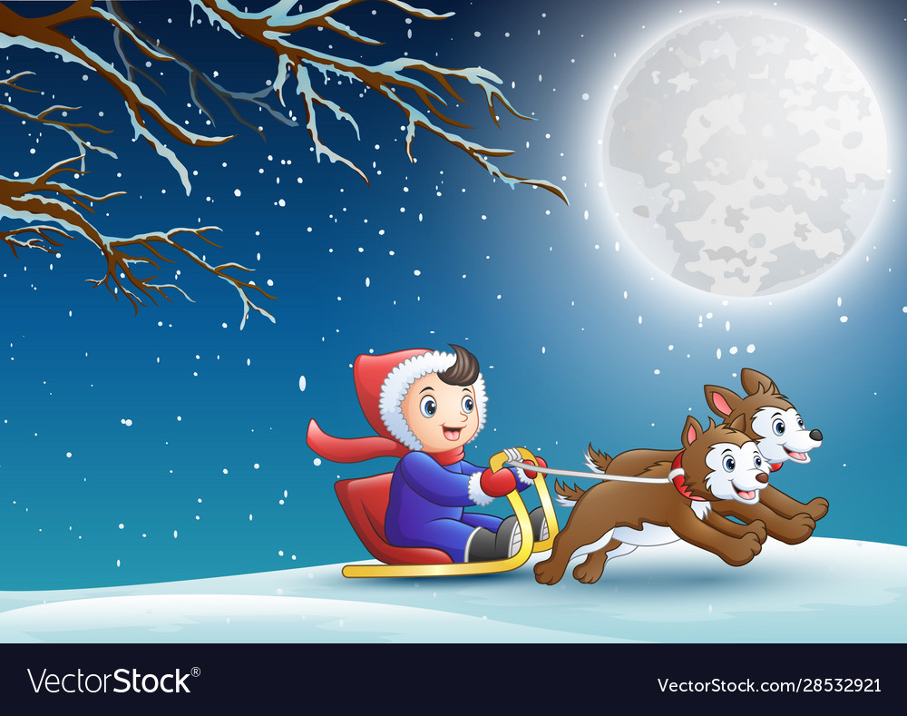 Cartoon boy riding sled passing through forest