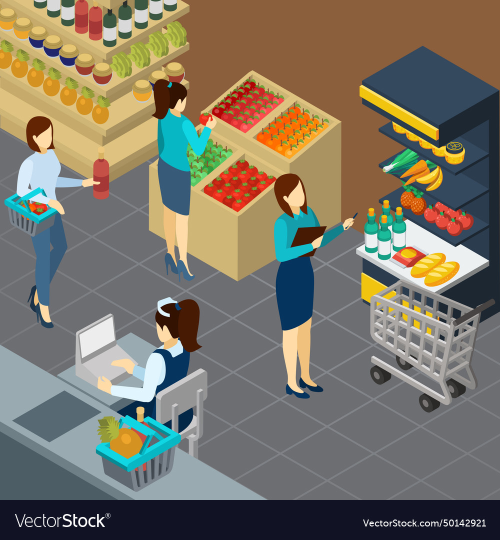 Grocery store isometric background Royalty Free Vector Image