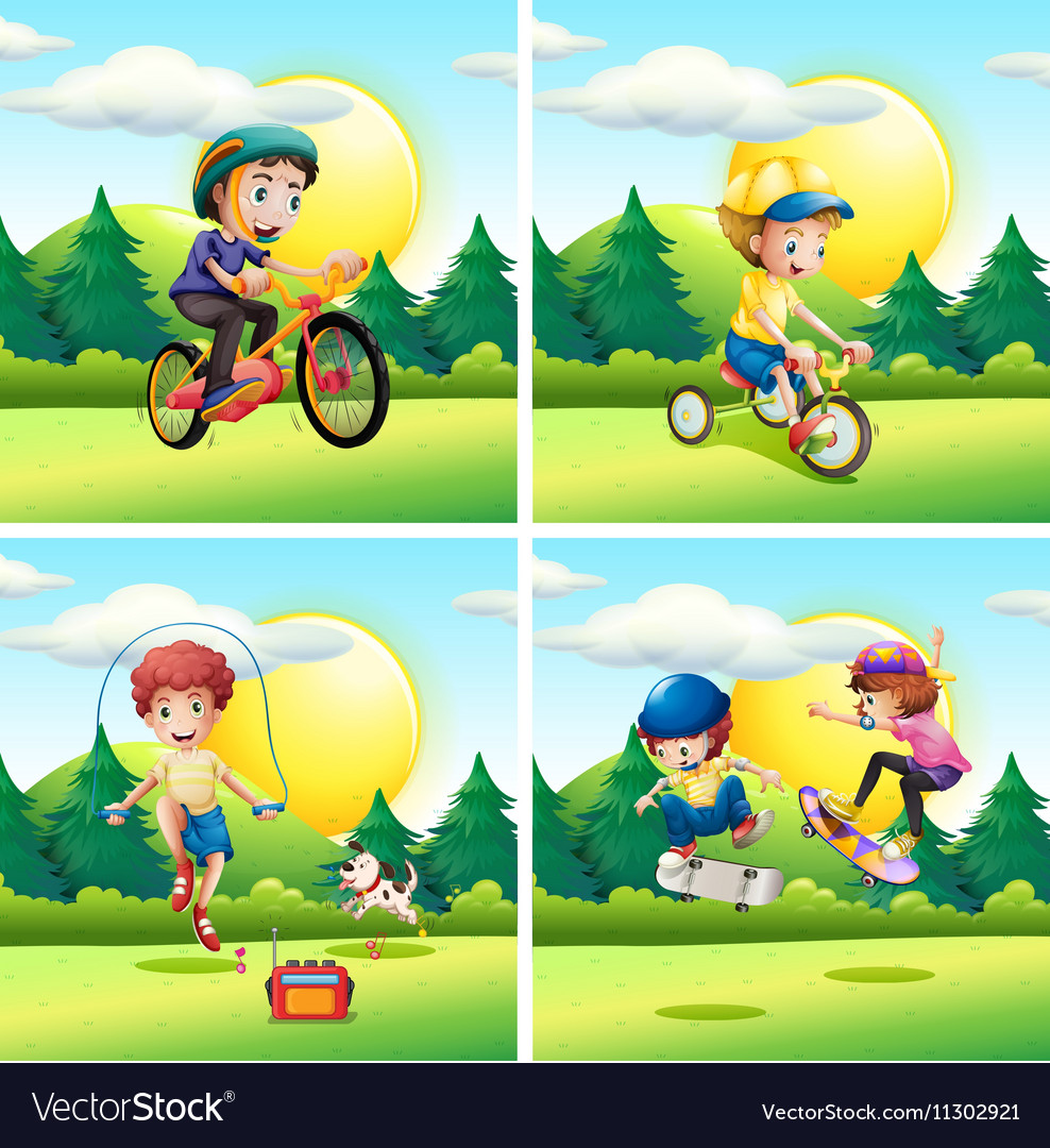 Scenes with kids exercising in the park Royalty Free Vector