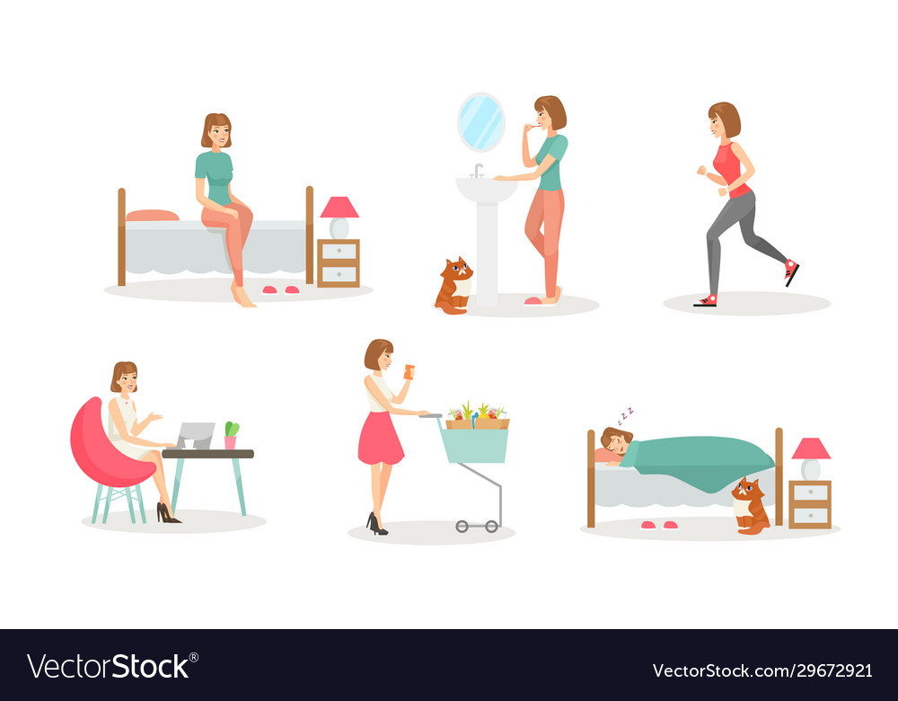 Woman day routine flat set Royalty Free Vector Image