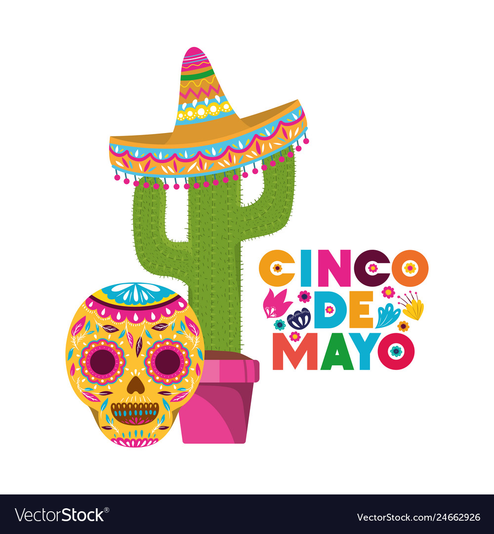 Cinco de mayo label with cactus and skull