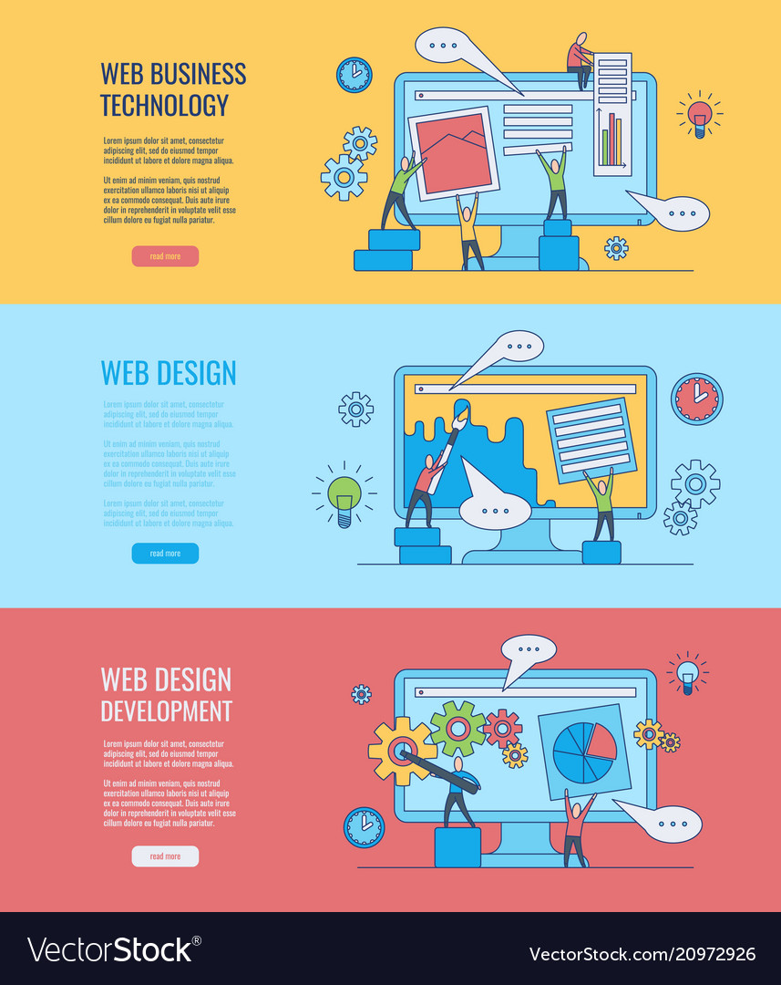 Web Development Banners Set With People Silhouette
