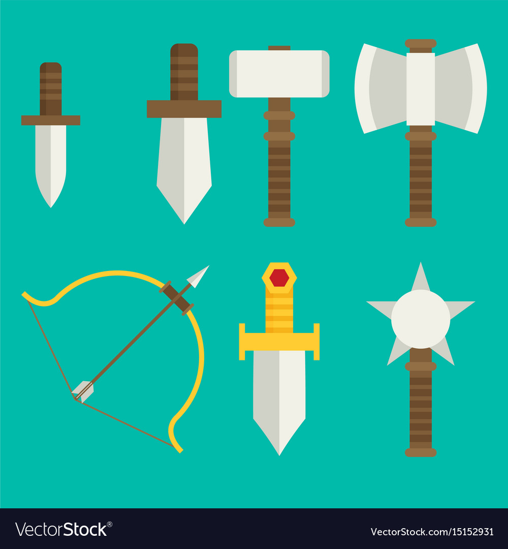 Flat game icons set medieval weapons Royalty Free Vector