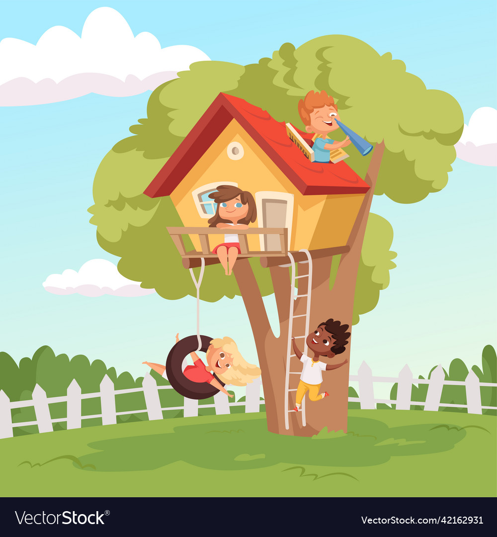 House on tree cute children playing in garden