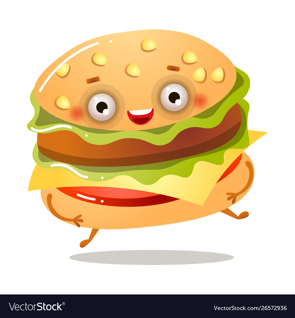 Cute smiling fresh american burger is running away