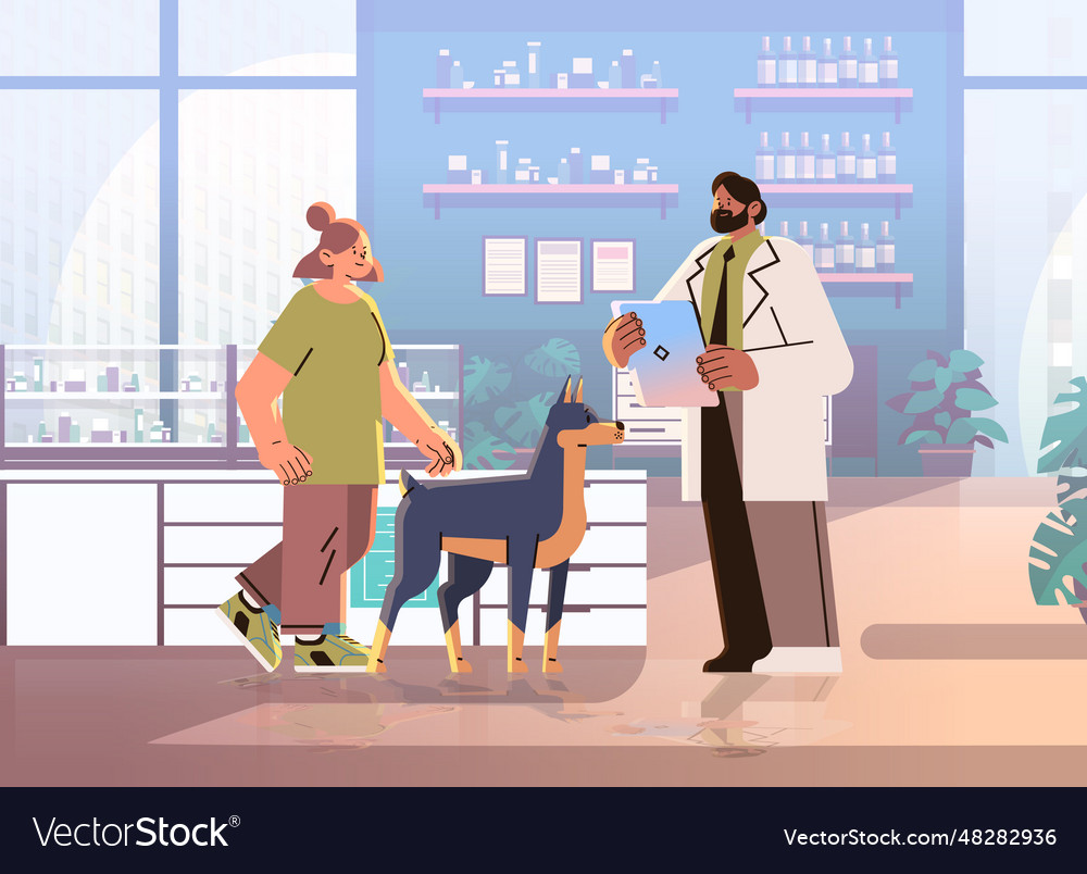 Pet owner visiting veterinarian doctor checking up