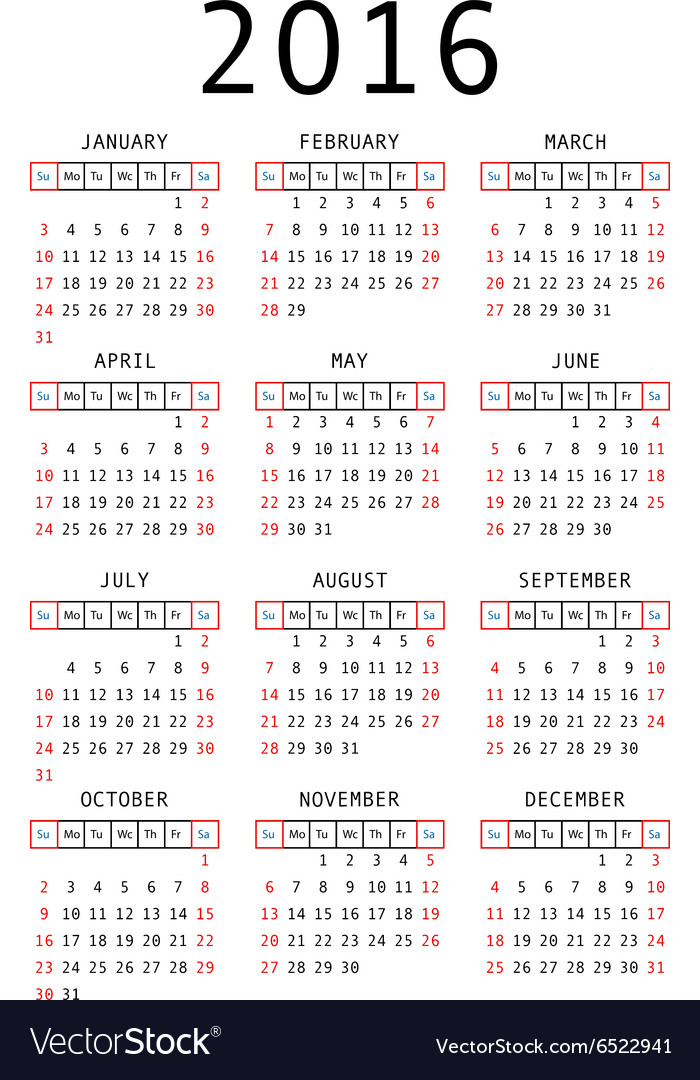 Calendar grid for 2016 rigorous design Royalty Free Vector