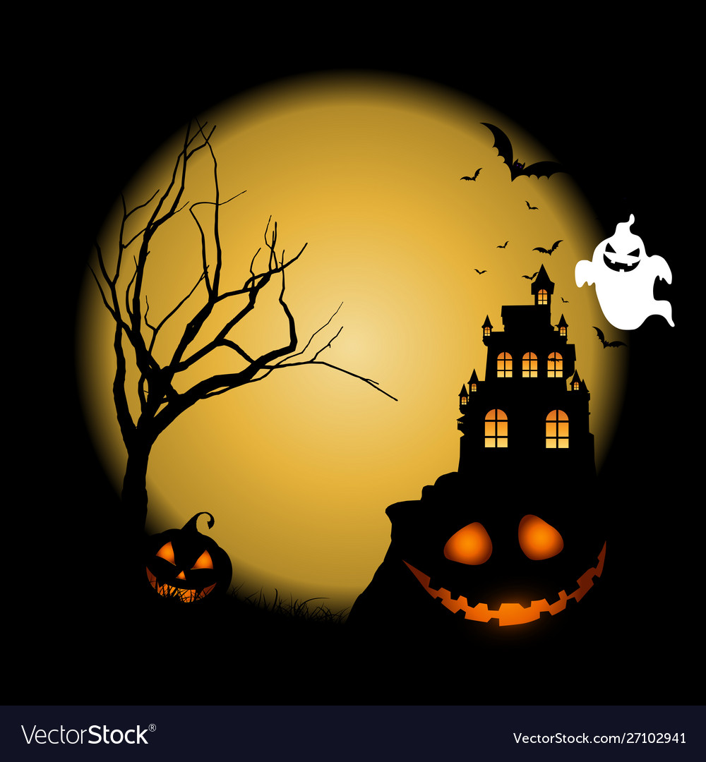 Halloween background with pumpkins against castle Vector Image